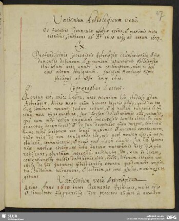 Vaticinium astrologicum vere de futuris Germaniae nostrae rebus et maximis mutationibus inchoans ab anno 1610 usque ad annum 1623.