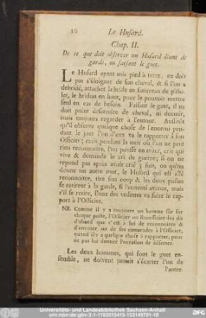 Chap. II. De ce que doit observer un Husard êtant de garde, ou faisant le guet.