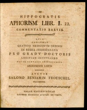 In Hippocratis Aphorism. Libr. I, 22. Commentatio Brevis