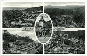 Weltbad Karlsbad. Ansichtspostkarte mit fünf Motiven