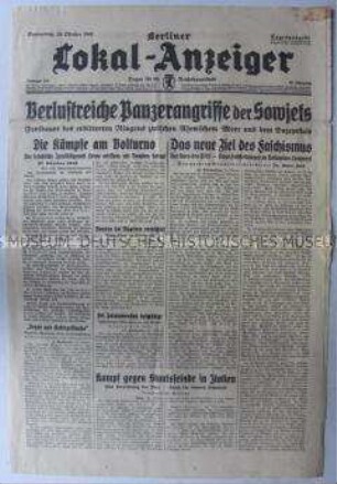 Tageszeitung "Berliner Lokal-Anzeiger" u.a. zum Kriegsverlauf an der Ostfront und zur Lage in Italien nach der Kriegserklärung Badoglios an Deutschland