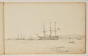 Französisches Segelschiff vor hügeliger Landschaft