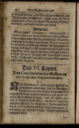 Das VI. Capitel. Von Complimenten bey Gastereyen und dergleichen Zusammenkünfften.