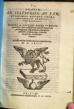 Oratio, Ad Illustriss. Ac Sanctissimos Patres, Sacri Oecumenici Concilii Tridentini
