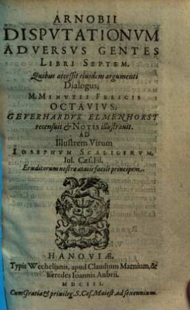 Arnobii Dispvtationvm Adversvs Gentes Libri Septem