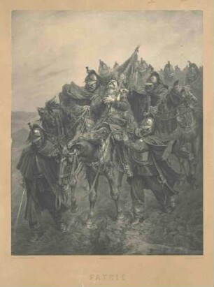 Verwundeter Kürassier und Fahnenträger zu Pferd, je links und rechts von zwei Reitern gestützt, das Pferd von zwei abgesetzten Kürassieren geführt