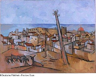 Konstruktives Ensemble mit Dorf, Mast und Ziegen vor Meer "COSTA BRAVA"
