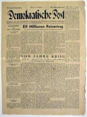 Wochenzeitung deutscher Emigranten in Mexico "Demokratische Post" u.a. zum 4. Jahrestag des Kriegsbeginns