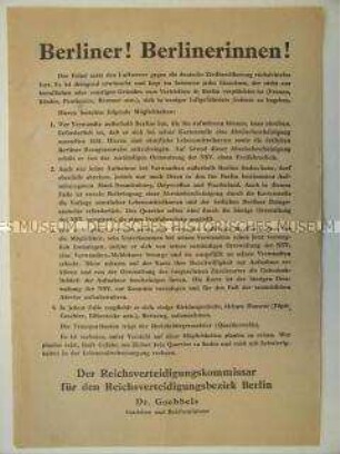 Aufruf von Goebbels an die Berliner Bevölkerung zum Verlassen luftangriffgefährdeter Gebiete