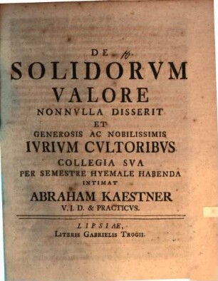 Programma quo de solidorum valore nonnulla disserit Abrah. Kaestner