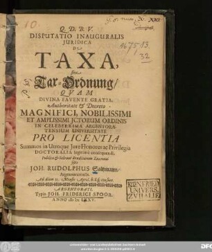 Disputatio Inauguralis Iuridica De Taxa, sive Tax-Ordnung