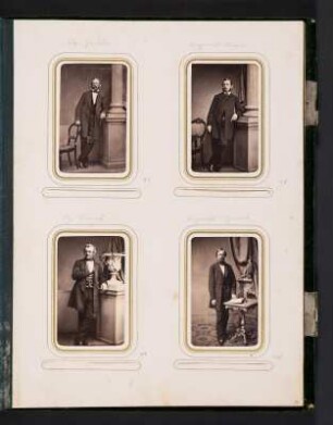Albumseite 30 mit vier Cartes-de-visite (Porträts von Landtagsabgeordneten) unter Passepartout : Dem fünf und zwanzig Jahre hindurch treu bewährten und wohlverdienten Landtags-Abgeordneten Herrn Christian Gottlieb Riedel : gewidmet von seinen Collegen. Samteinband mit Metallbeschlägen und Metallschließe sowie Goldschnitt; 31 x 24,5 x 4 cm (1873). Dresden: SLUB/DF 2017.D.85