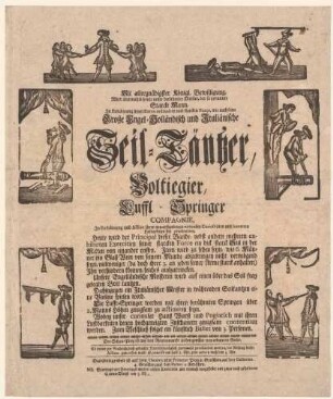 Aushang als Ankündigung des "Starken Mannes", mit 6 Holzschnitten und Text