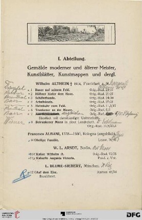 I. Abteilung: Gemälde moderner und älterer Meister, Kunstblätter, Kunstmappen und dergl. (Nr. 1 - 146)