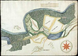 "Chorographisch und Geometrische Abbildung aller in des Hochdeutschen Ordens Herrschaft Achberg liegender accurat in Grund gelegter Dorfschaften, Weiler, Höfe, Hofstätten, Gärten, Äcker, Wiesen, Weinberg, Felder, Waldungen, Weiher, Flüße, Bäche und Appertinenten nach einer Universal- und in 13 Particular-Mappas eingeteilt, angefangen den 27. Aug[ust] 1726, vollendet den 9. Dez[ember] 1727"