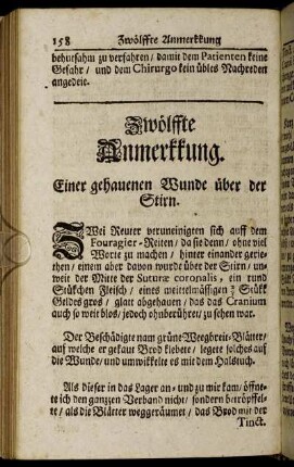 Zwölffte Anmerkkung. Einer gehauenen Wunde über der Stirn.