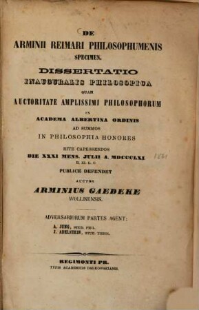 De Arminii Reimari philosophumenis specimen : dissertatio inauguralis philosophica