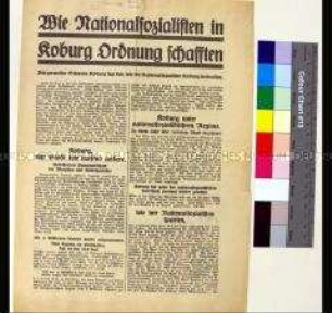 Wahlaufruf der NSDAP mit einer propagandistischen Schilderung der Arbeit des NS-Bürgermeisters Schwede in Koburg