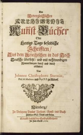 Des unvergleichlichen Archimedis Kunst-Bücher oder heutigs Tags befindliche Schrifften