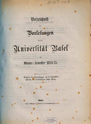 Verzeichnis der Vorlesungen. 1874/75. WS.
