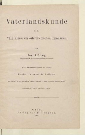 Vaterlandskunde für die 8. Klasse der österreichischen Gymnasien