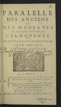 2: Paralelle Des Anciens Et Des Modernes En Ce Qui Regarde L'Eloquence
