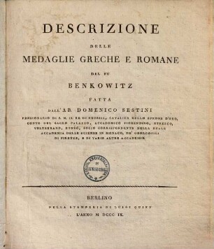 Descrizione delle medaglie greche e romane del fu Benkowitz