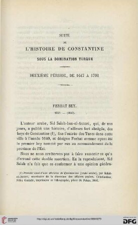 Sér. 2: Suite de l'histoire de Constantine sous la domination turque : deuxième période, de 1647 à 1792