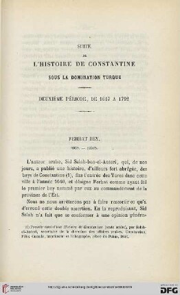 Sér. 2: Suite de l'histoire de Constantine sous la domination turque : deuxième période, de 1647 à 1792