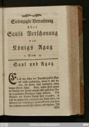 Siebenzigste Betrachtung über Sauls Verschonung des Königs Agag 1. Sam. 15.