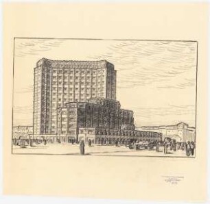 Hochhaus am Bahnhof Friedrichstraße, Berlin: Perspektivische Ansicht von Süden