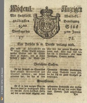 19tes Stueck, Dienstags den 9ten Junii 1772