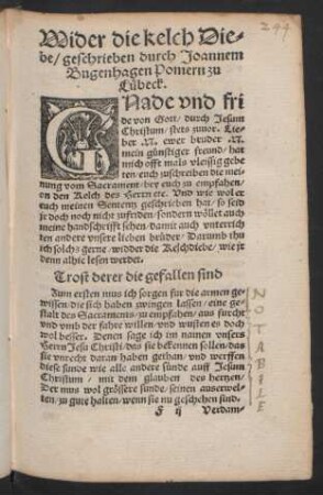 Wider die Kelch Diebe/ geschrieben durch Joannem Bugenhagen Pomern zu Lübeck.