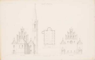 Kirche, Oderberg: Grundriss, Vorderansicht, Rückansicht (aus: Atlas zur Zeitschrift für Bauwesen, hrsg. v. G. Erbkam, Jg. 6, 1856)