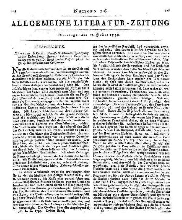 Neueste Weltkunde. Jg. 1798, Bd. 1. Hrsg. v. E. L. Posselt. Tübingen: Cotta 1798 Hauptsacht. 1798: Neueste Weltkunde, danach: Allgemeine Zeitung <München>