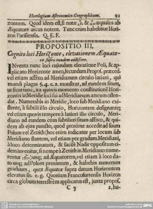 PROPOSITIO III. Cognito loci HoriZonte, elevationem Aequatoris supra eundem addiscere.