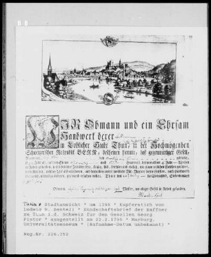 Thun: Stadtansicht auf dem Kundschaftsbrief der Haffner zu Thun in der Schweiz für den Gesellen Georg Pistor, ausgestellt am 22.02.1795