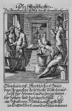 Der Apotheker : Weigel, Christoph: Der Apotheker. Kupferstich; 128 x 82 mm. Aus: Weigel, Christoph: Abbildung Der Gemein-Nützlichen Haupt-Stände Von denen Regenten Und ihren So in Friedens- als Kriegs-Zeiten zugeordneten Bedienten an, biß auf alle Künstler Und Handwercker. Regenspurg: Weigel, 1698. Dresden: SLUB Technol.A.142