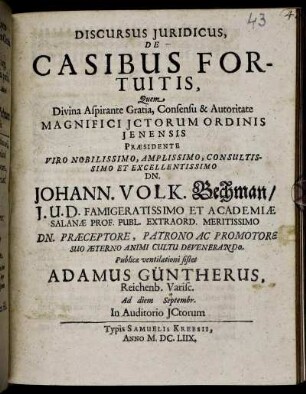 Discursus Iuridicus, De Casibus Fortuitis