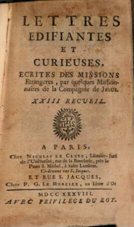 Lettres Édifiantes Et Curieuses : Écrites Des Missions Étrangères. 23