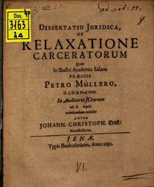 Dissertatio Juridica, De Relaxatione Carceratorum