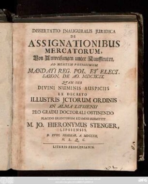 Dissertatio Inauguralis Juridica De Assignationibus Mercatorum