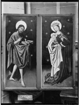 Schwäbisch Hall Sankt Katharinen Kirche Hochaltar (um 1450) Linker Doppelflügel Gemälde Heiliger Baptista und Madonna