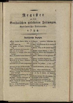 Register zu den Gothaischen gelehrten Zeitungen. Ausländische Litteratur. 1794.