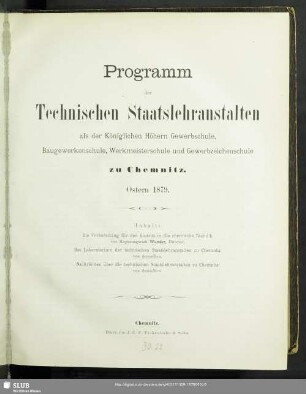 1879: Programm der Technischen Staatslehranstalten zu Chemnitz