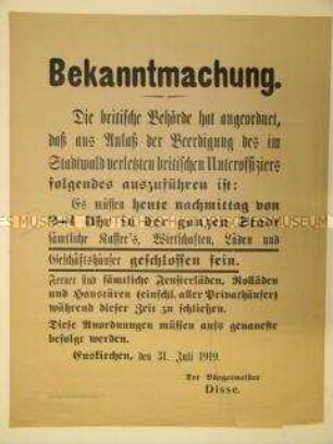 Anordnung der britischen Behörde zur Schließung aller öffentlichen Einrichtungen der Stadt während der Beerdigung eines britischen Militärangehörigen