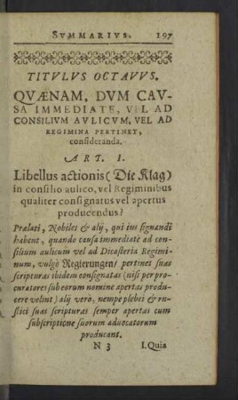 Titulus Octavus. Quaenam, dum causa immediate, vel ad consilium aulicum, vel ad regimina pertinet, consideranda.