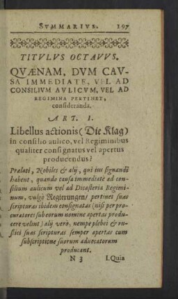 Titulus Octavus. Quaenam, dum causa immediate, vel ad consilium aulicum, vel ad regimina pertinet, consideranda.