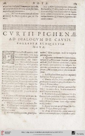 Curtii Pichenae ad dialogum de causis corruptae eloquentiae Notae