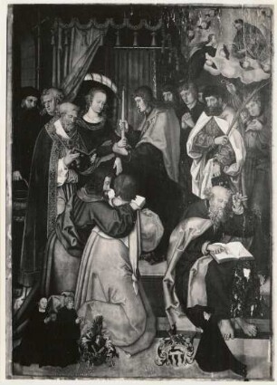 Tod der Mariä : Tod der Mariä. Meister des Pflockschen Altars. Mittelbild. St. Annen. Nach einem Stich von Schongauer. Vor der Wiederherstellung 1952